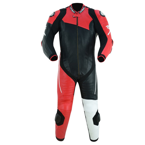 Tuff Gear Motorcycle Cowhide Leather One Piece Racing Suit - Red & Black