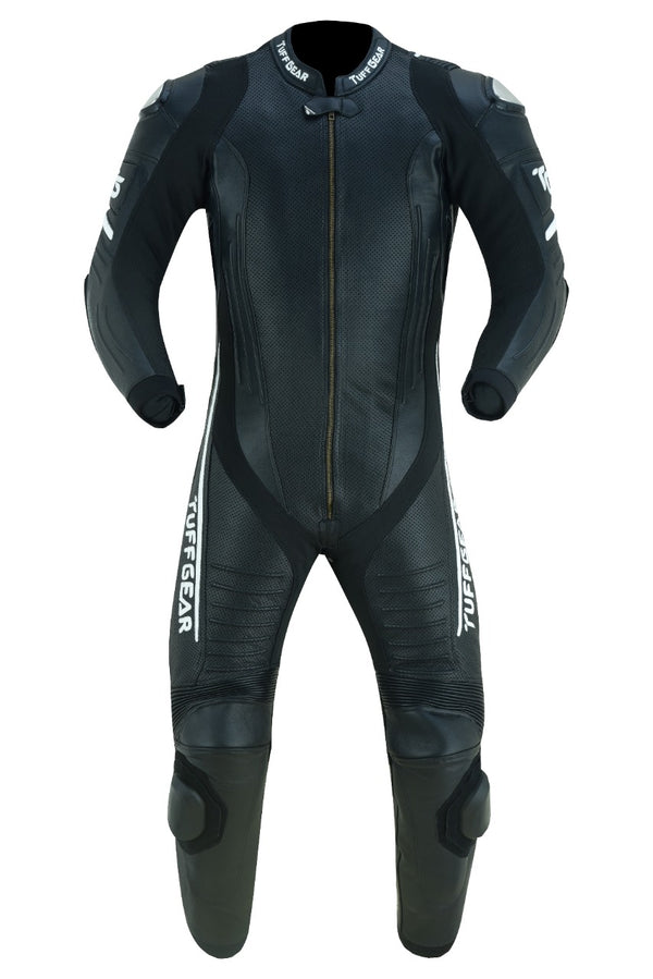Tuff Gear Motorcycle Cowhide Leather One Piece Racing Suit - Black n White