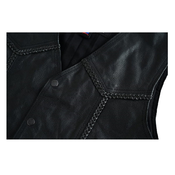 Tuff Gear Motorcycle Cowhide Braided Leather Vest Black - V4