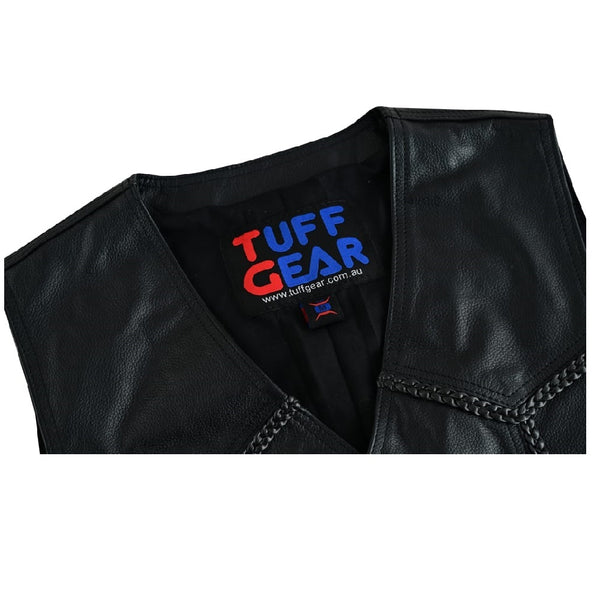 Tuff Gear Motorcycle Cowhide Braided Leather Vest Black - V4