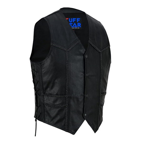 Tuff Gear Motorcycle Cowhide Braided Leather Vest Black - V4
