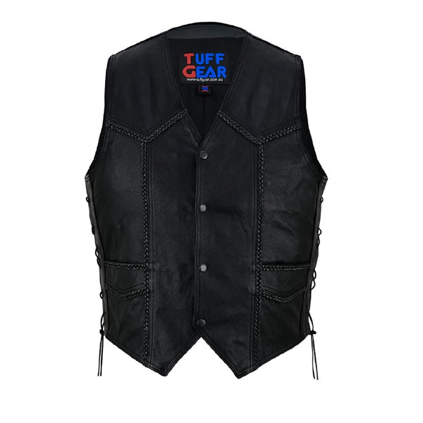 Tuff Gear Motorcycle Cowhide Braided Leather Vest Black - V4