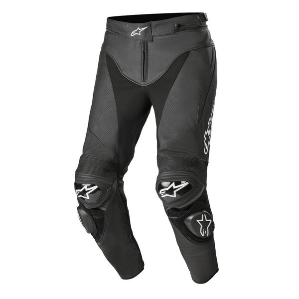 Alpinestars Track V2 leather motorcycle pants front angled view in black