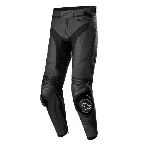 Alpinestars Missile V3 leather motorcycle pants front angled view in black