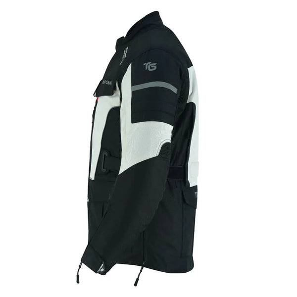 side profile Tuff Gear Adventure textile motorcycle jacket with armour
