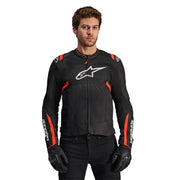Rider wearing Alpinestars T-SPS Air V2 jacket black red fluo airflow motorcycle gear front view Video thumbnail