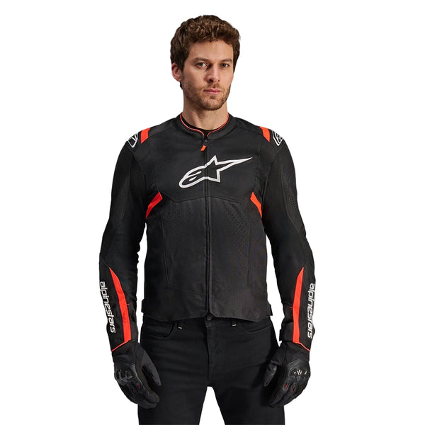 Rider wearing Alpinestars T-SPS Air V2 jacket black red fluo airflow motorcycle gear front view