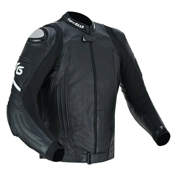 Tuff Gear motorcycle leather armour jacket black sport riding front angle view