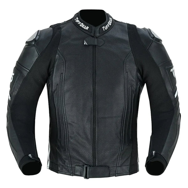 Tuff Gear black leather motorcycle armour jacket front view