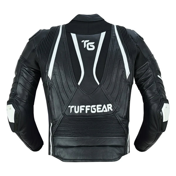 Tuff Gear leather motorcycle jacket rear view with back protection design