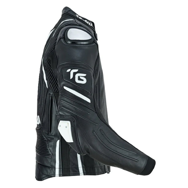 Tuff Gear sport motorcycle leather jacket side profile with arm protection
