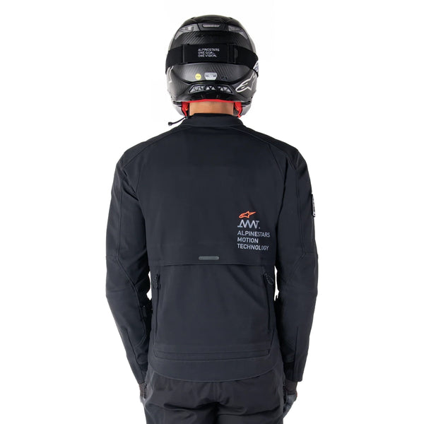 Alpinestars AMT-8 black motorcycle jacket on rider back view touring fit