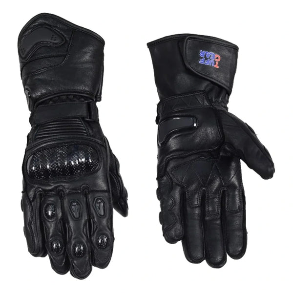 Black Racer cowhide leather motorcycle gloves, front and back view