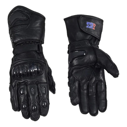 Black Racer cowhide leather motorcycle gloves, front and back view