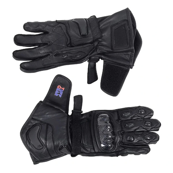 Black Racer cowhide leather motorcycle gloves, top and palm protection detail