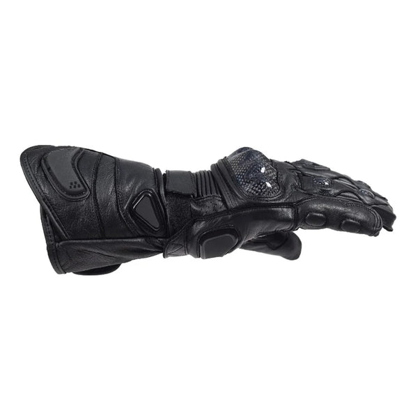 Black Racer cowhide leather motorcycle glove, side view and protective knuckle detail