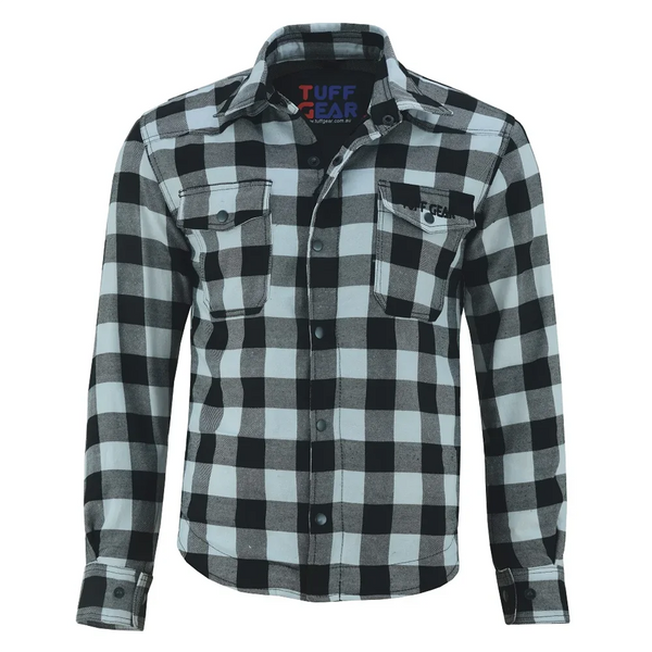 Tuff Gear black and white kevlar motorcycle riding shirt front view