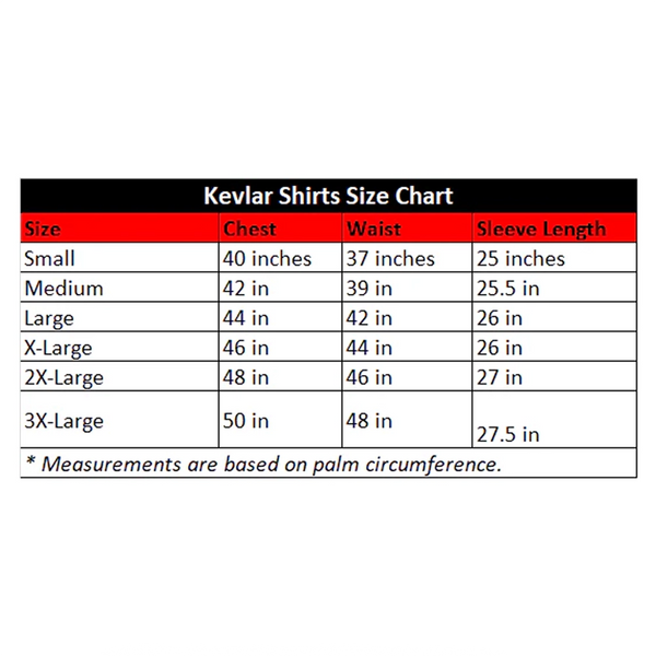 Tuff Gear kevlar shirt size chart