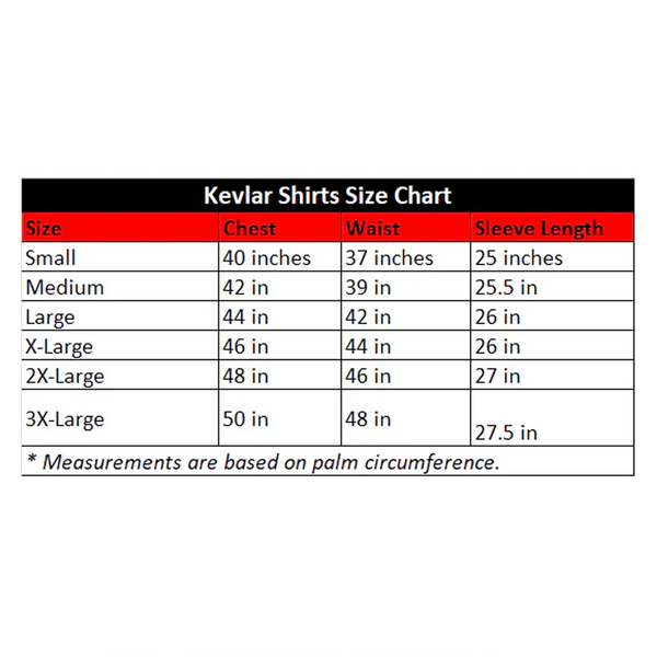 Tuff Gear kevlar shirt size chart