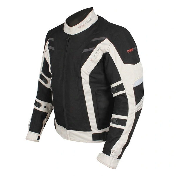 Tuff Gear Blizzard motorcycle jacket angled view black white waterproof riding gear
