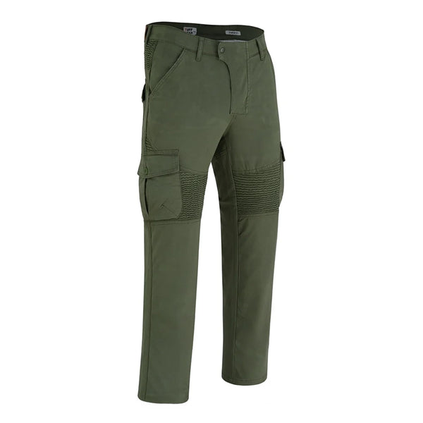 Tuff Gear olive green motorcycle cargo chino pants with DuPont Kevlar front view