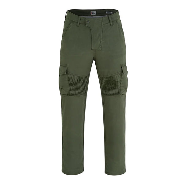 Tuff Gear olive green motorcycle cargo chino pants front view