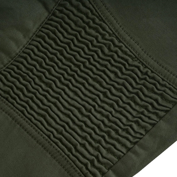 Stretch panel detail on Tuff Gear olive green motorcycle cargo pants