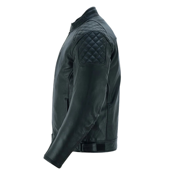 Tuff Gear black leather retro riding jacket side profile
