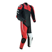 Tuff Gear Cowhide Leather One Piece Motorcycle Racing Suit Red and Black Three Quarter Front View Video thumbnail