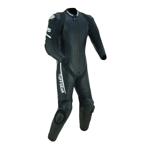 Tuff Gear Cowhide Leather One Piece Motorcycle Racing Suit Black and White Three Quarter Front View