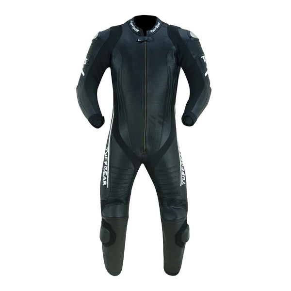 Tuff Gear Cowhide Leather One Piece Motorcycle Racing Suit Black and White Front View