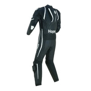 Tuff Gear Cowhide Leather One Piece Motorcycle Racing Suit Black and White Three Quarter Rear View Video thumbnail