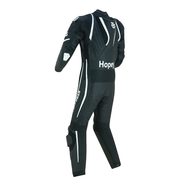 Tuff Gear Cowhide Leather One Piece Motorcycle Racing Suit Black and White Three Quarter Rear View