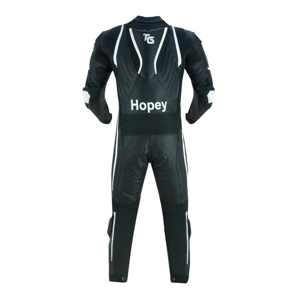 Tuff Gear Cowhide Leather One Piece Motorcycle Racing Suit Black and White Rear View