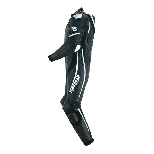Tuff Gear Cowhide Leather One Piece Motorcycle Racing Suit Black and White Side View