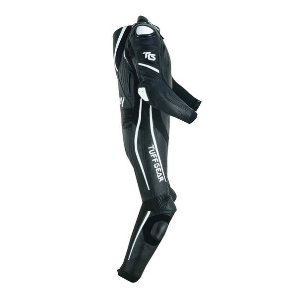Tuff Gear Cowhide Leather One Piece Motorcycle Racing Suit Black and White Rear Side View