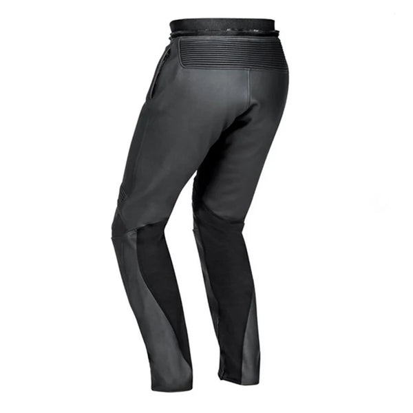 IXON Hawk leather motorcycle pants rear angled view in black