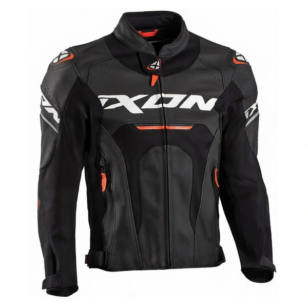 IXON Jackal leather motorcycle jacket black white red front view sport riding jacket