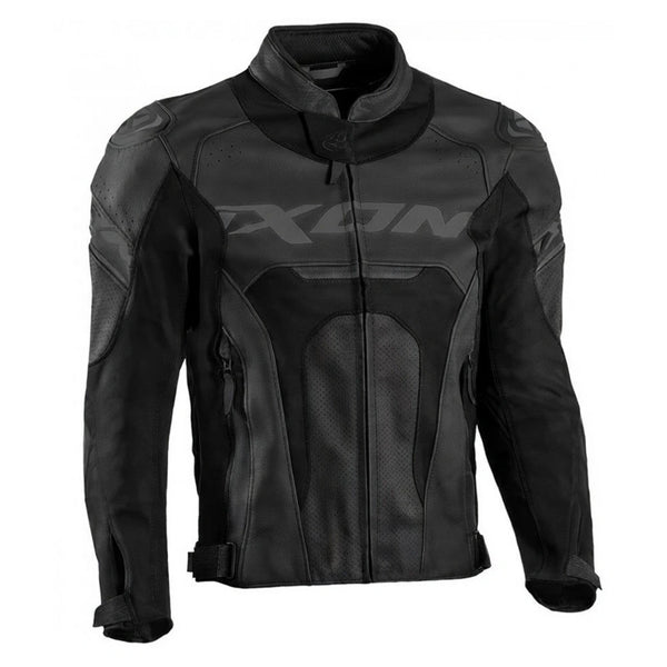 IXON Jackal leather motorcycle jacket black front view sport riding jacket