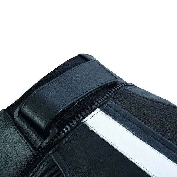 Ankle zip closure detail on Tuff Gear leather racing pants