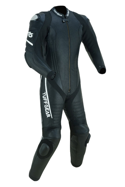 Tuff Suits Tuff Gear Motorcycle Cowhide Leather One Piece Racing Suit - Black n W