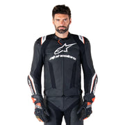 Rider wearing Alpinestars Missile V3 Ignition leather jacket black sport motorcycle gear front view Video thumbnail