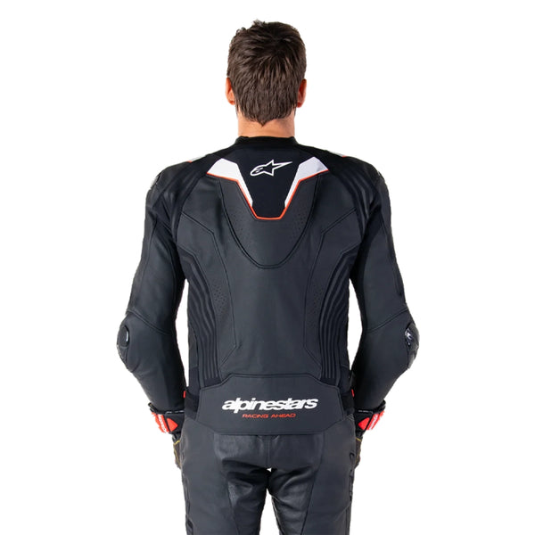 Alpinestars Missile V3 Ignition jacket rear view on rider race leather motorcycle gear