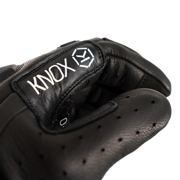 Knox Orsa Leather MK3 black leather motorcycle glove finger detail with Knox branding
