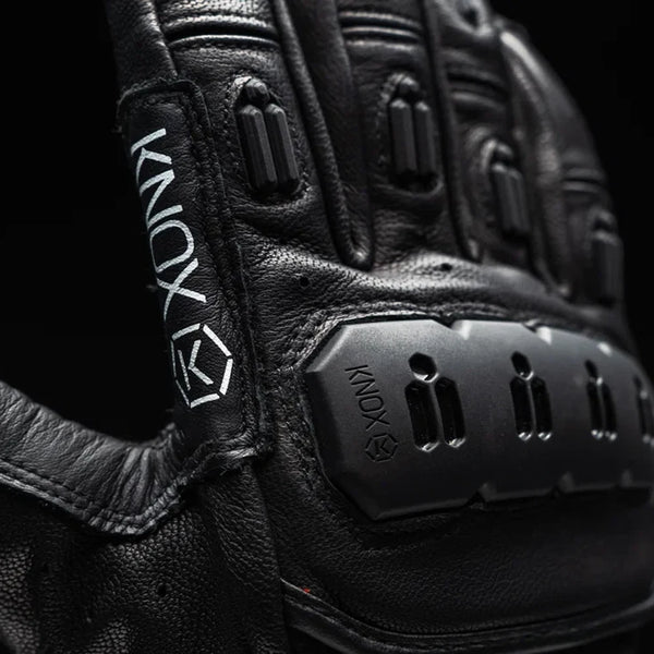 Knox Orsa Leather MK3 black leather motorcycle glove knuckle protection close-up