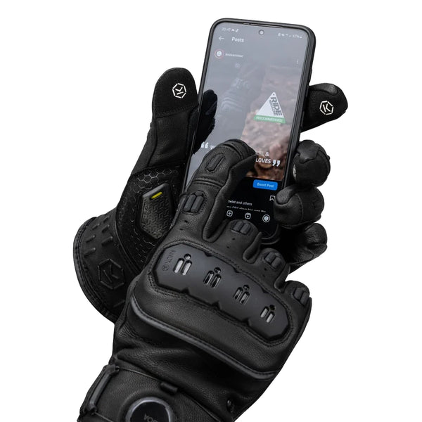 Knox Orsa Leather MK3 black leather motorcycle glove holding smartphone
