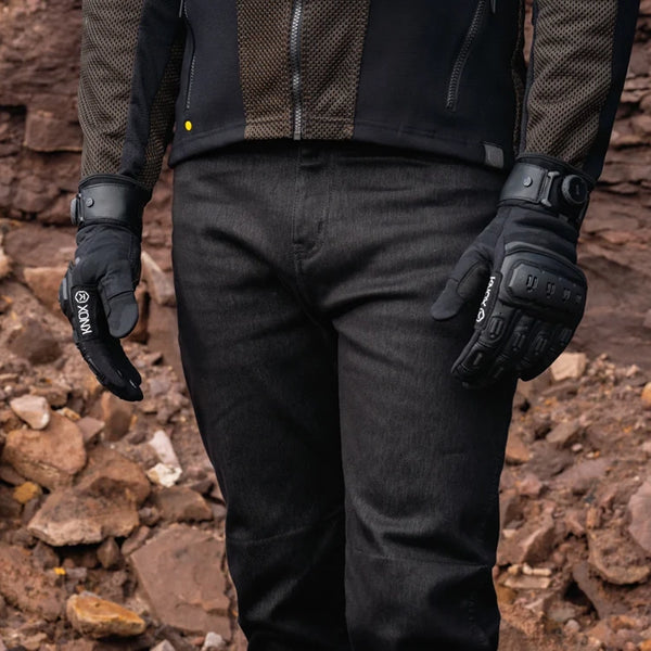 Motorcyclist wearing Knox Orsa OR4 Textile black motorcycle gloves