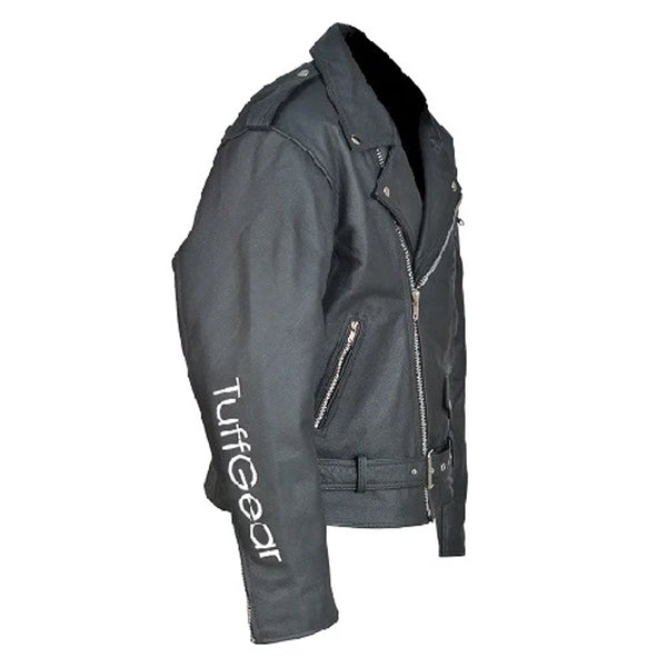 side view black perfecto leather jacket motorcycle riding style