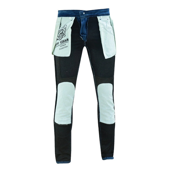 Front interior DuPont™ Kevlar lining of Tuff Gear premium straight fit blue motorcycle jeans