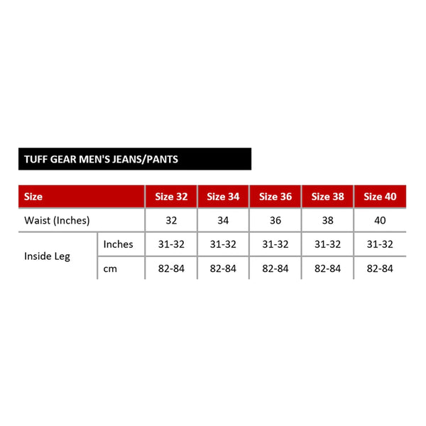 Tuff Gear motorcycle jeans waist size chart